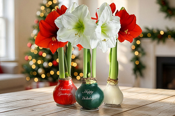 Waxed amaryllis in holiday colors